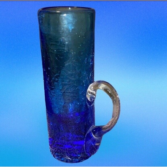 #606 pilgrim Art Glass Benedictine Applied Handle Tall Crackle Blue Shot Glass - Picture 1 of 10